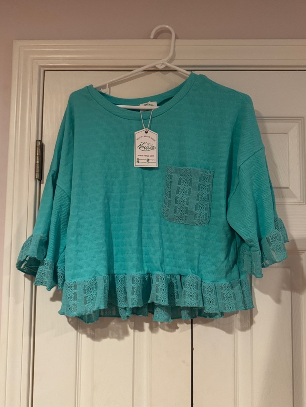 Very J Turquoise Lace-Trim Flutter Sleeve Top